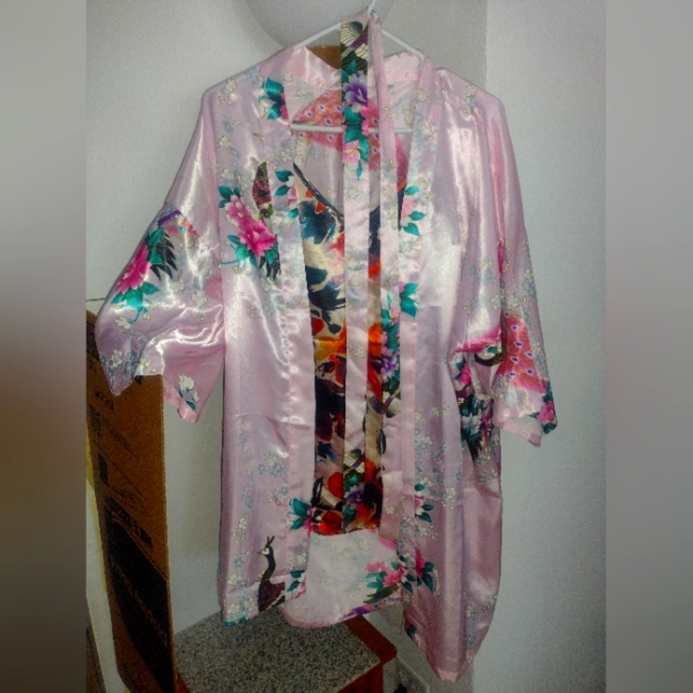 Pink Asian Kimono - Peacock Satin Silk Robe, Bridal Tie Waist Belt & Kjordan Top